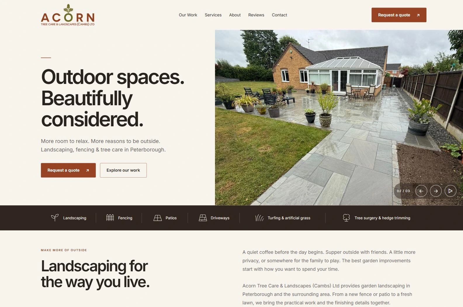 Acorn Tree Care & Landscapes homepage presented in a laptop mockup