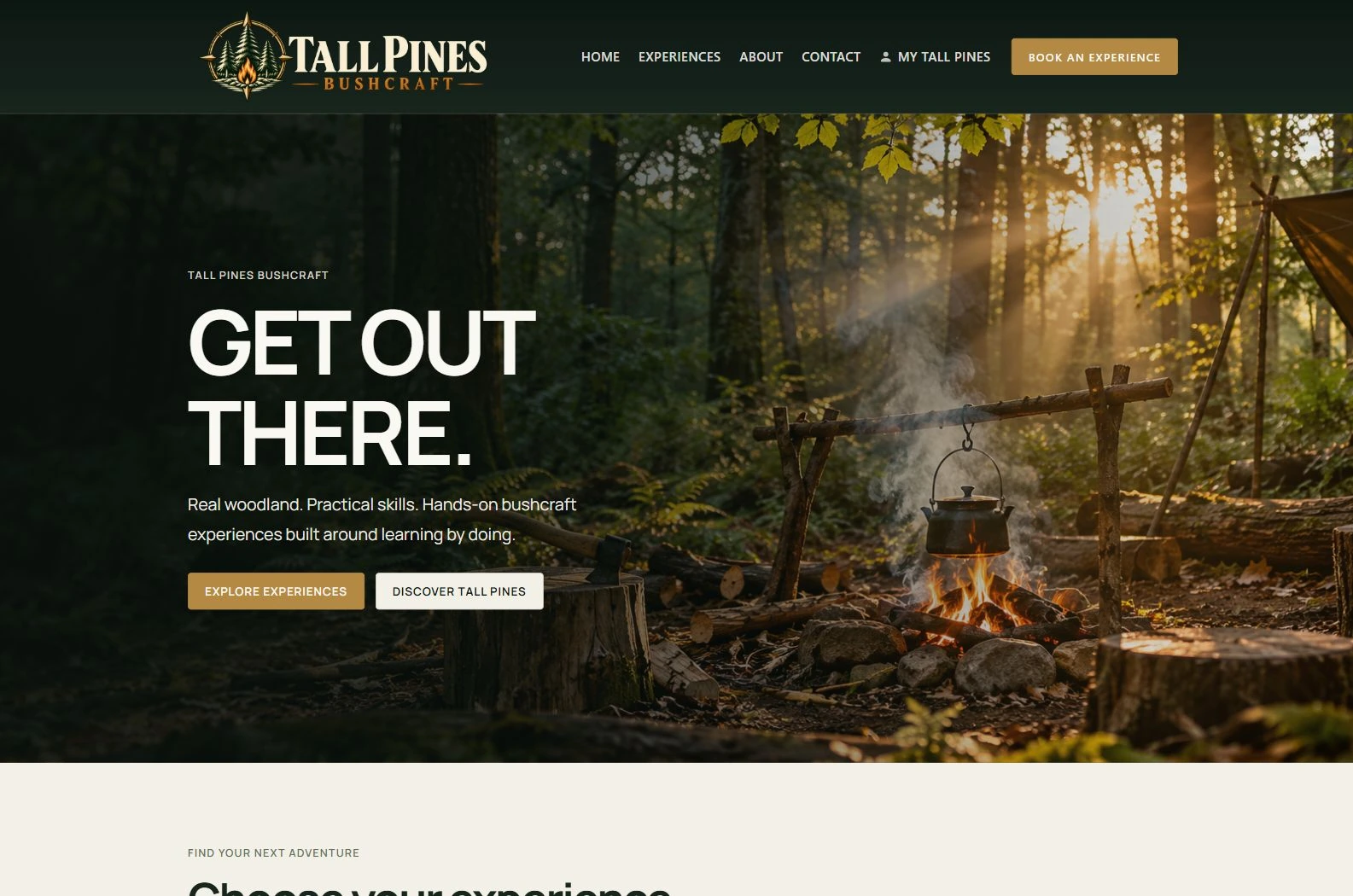 Tall Pines Bushcraft homepage presented in a laptop mockup